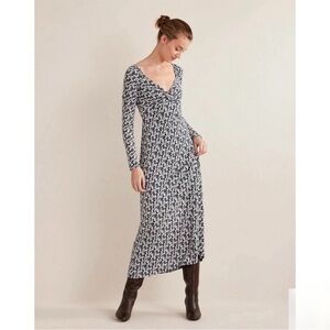 Boden Flattering Jersey Knit Navy and White Long Sleeve Midi Dress size 4P